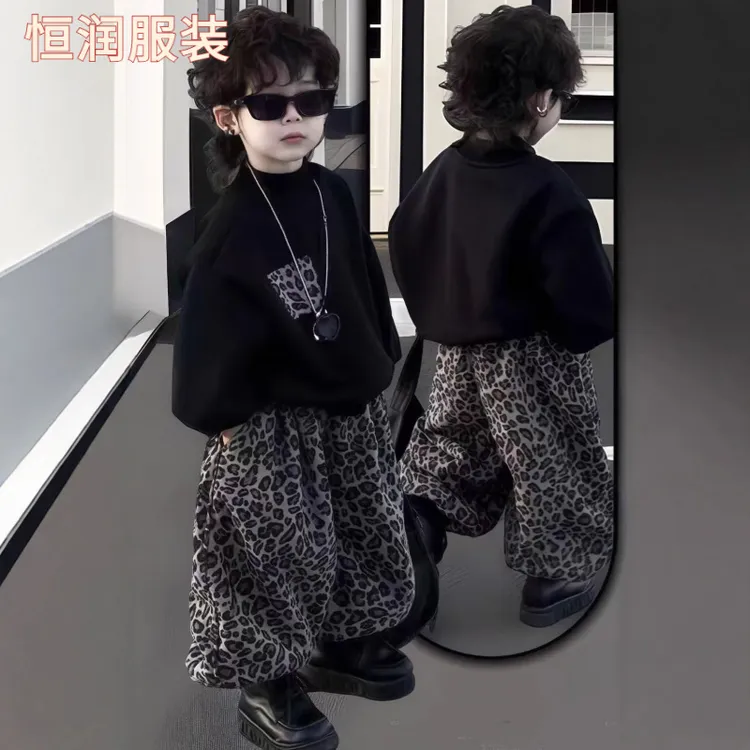 儿童套装秋季2025新款豹纹韩版洋气男女童圆领卫衣卫裤两件套潮童