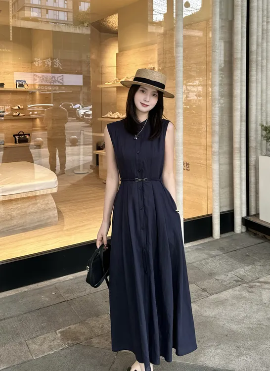 LUOZHIYIN/罗知音D112633M纽扣套头蓝色无袖长裙气质连衣裙