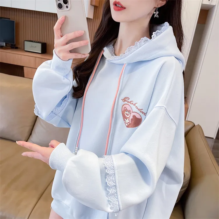 蕾丝花边卫衣女2025新款春秋韩版宽松薄款设计感小众百搭连帽外套