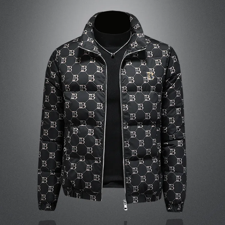 羽绒服男士冬季新款欧洲站高端潮牌休闲潮流印花修身大码立领外套