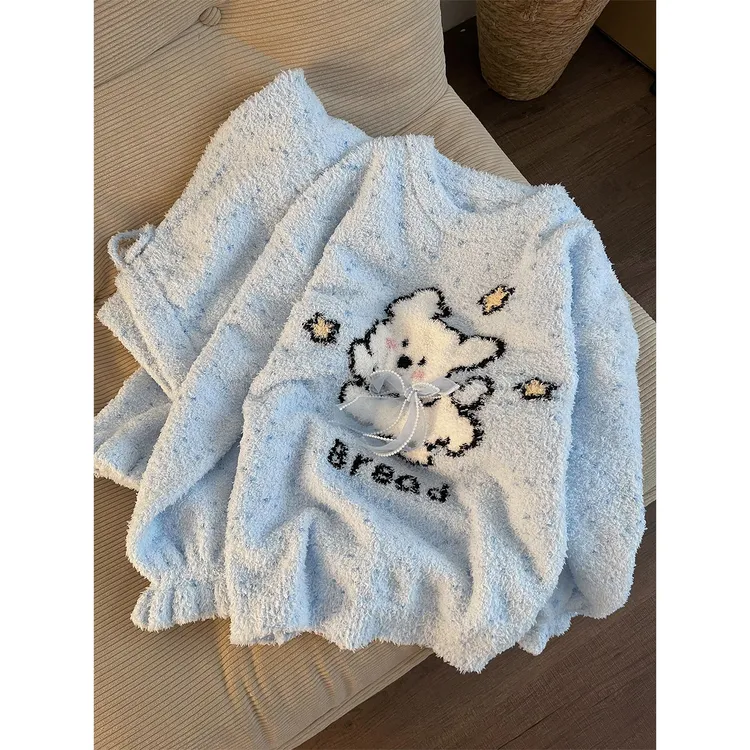 可爱卡通小狗半边绒睡衣女秋冬新款毛衣套装加厚保暖家居服可外穿