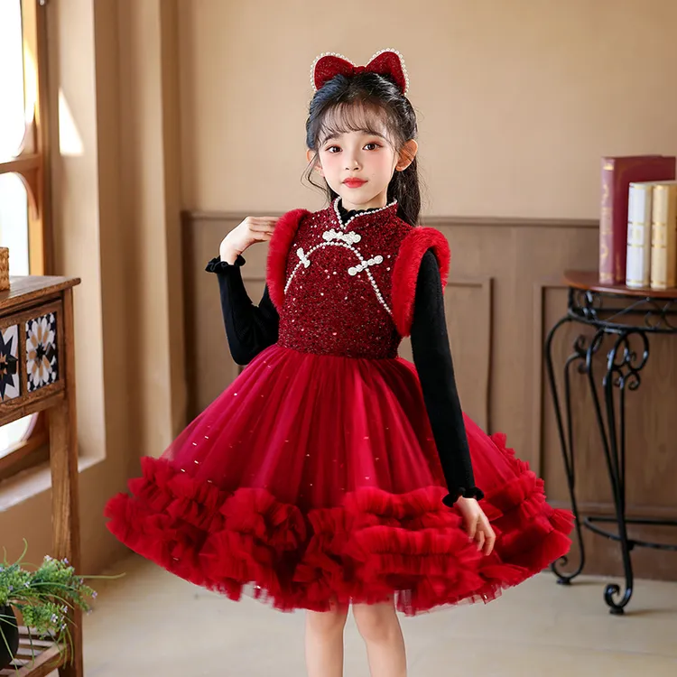 7820女童秋冬公主风长袖加绒保暖连衣裙儿童洋气红色宝宝公主裙子