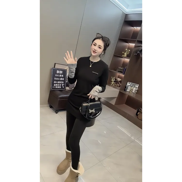 欧货冬季新款拼接修身型中长款长袖休闲风T恤气质时尚圆领显瘦女