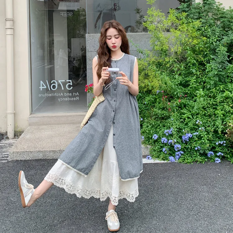 复古文艺范套装裤女2025夏季新款单排扣罩衫蕾丝花边阔腿裤两件套