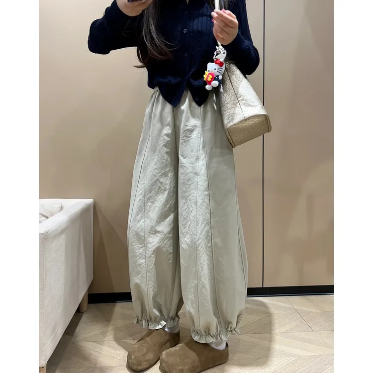 秋季大码卡其色九分灯笼裤女胖mm梨形身材宽松显瘦阔腿气球休闲裤
