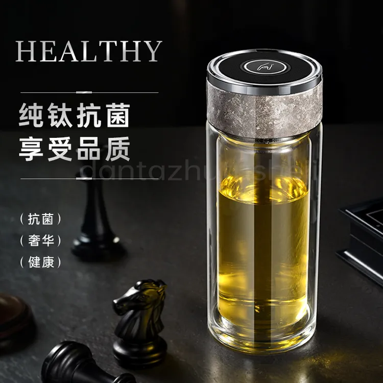 新款一键速开高档双层玻璃杯纯钛水杯车载男士大容量泡茶杯子