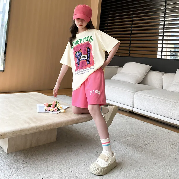 女童夏装套装2025新款儿童短袖中大童洋气夏季洋气T恤短裤两件套