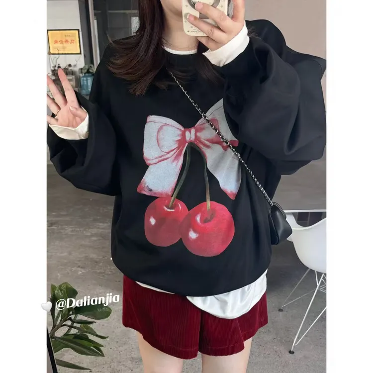 晶咕佳佳【樱桃小镇】圆领蝴蝶结樱桃图案百搭卫衣长袖时尚休闲宽松