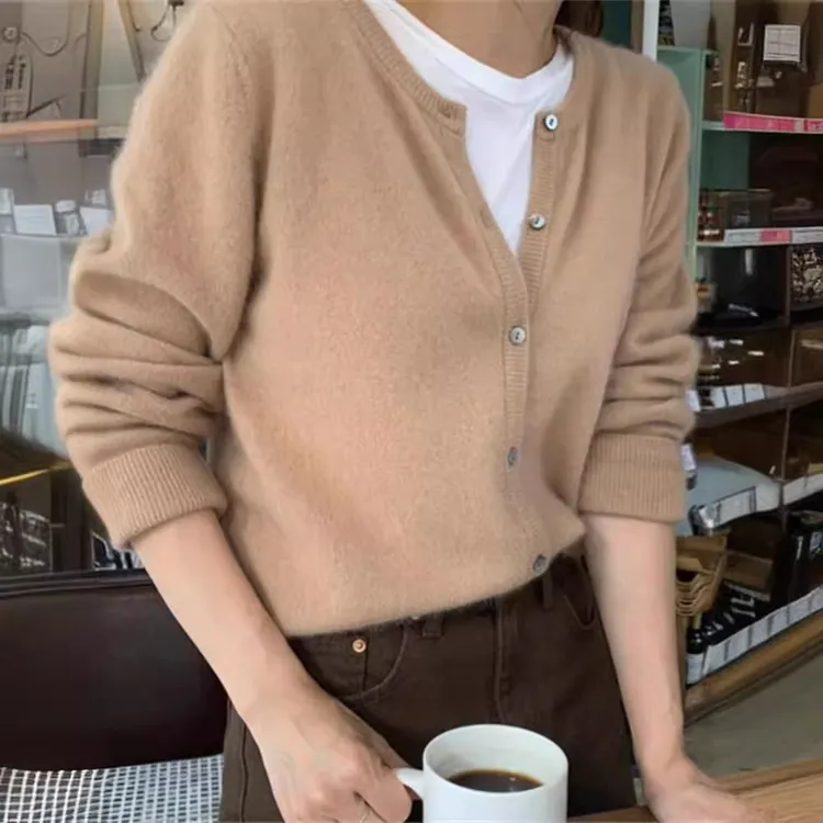 100纯羊毛开衫女圆领羊毛针织外套宽松打底毛衣外搭显瘦上衣叠穿