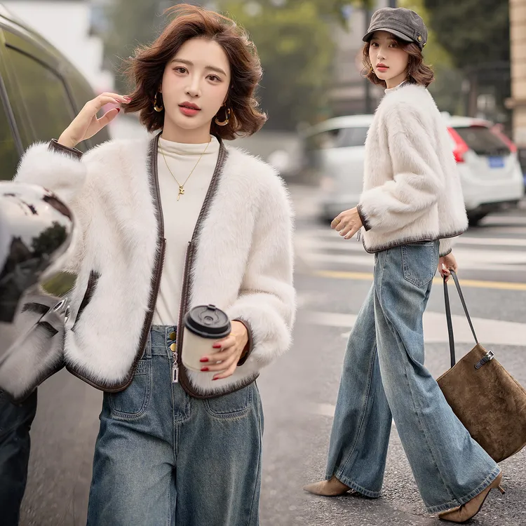 设计感PU皮拼接仿水貂毛外套女2025冬季新款时尚皮毛一体短款上衣