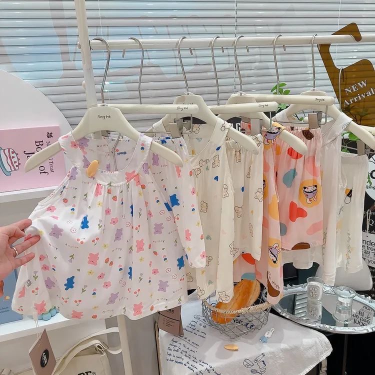 夏季薄款儿童绵绸无袖短裤家居服套装女童中大童休闲时尚洋气套装