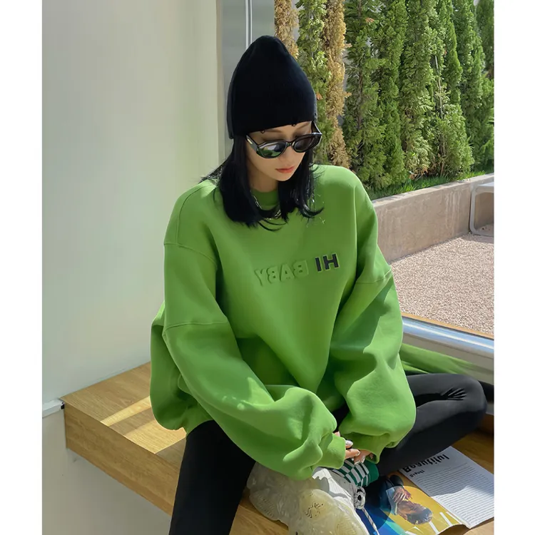 美式chic慵懒圆领绿色卫衣女秋冬2025新款小个子套头无帽加绒上衣