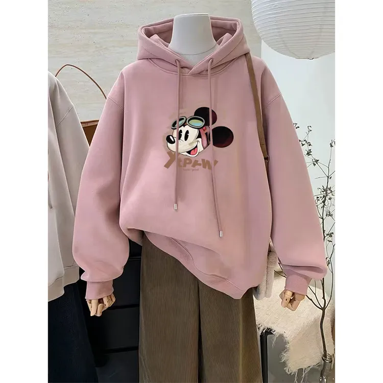 藕粉色卫衣外套女秋冬慵懒宽松中长款套头加绒连帽衫卡通印花上衣