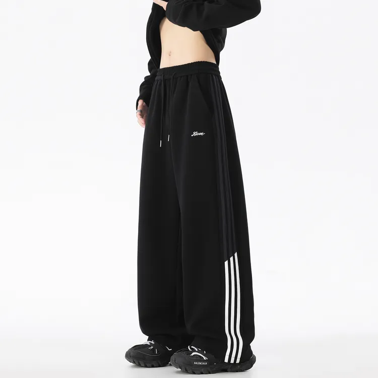 美式拼接撞色条纹休闲裤男秋季潮牌宽松直筒阔腿卫裤美式运动裤子