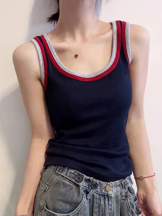 031#撞色拼接吊带背心打底女夏季新款韩版修身显瘦外穿内搭上衣