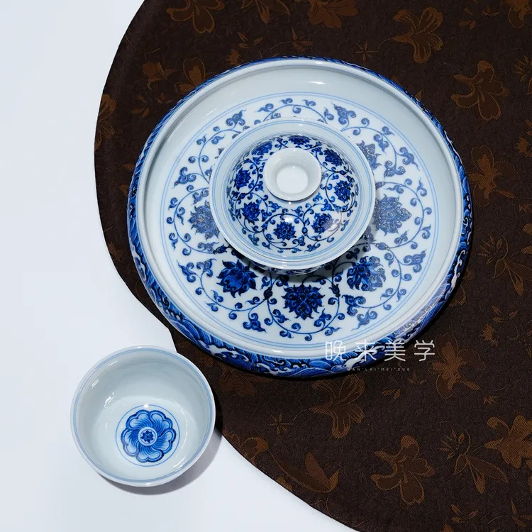 松风馆仿明青花缠枝莲纹盖碗主人杯景德镇纯手工手绘高端茶具茶器