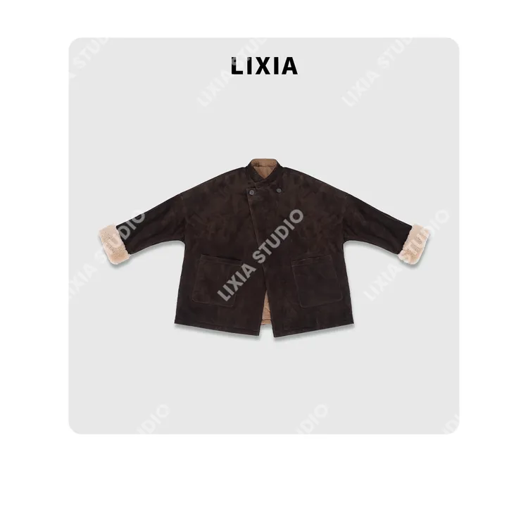 LIXIA【棕调暖奢】巴黎新款胎牛皮桑蚕丝内里皮毛一体外套-D9888