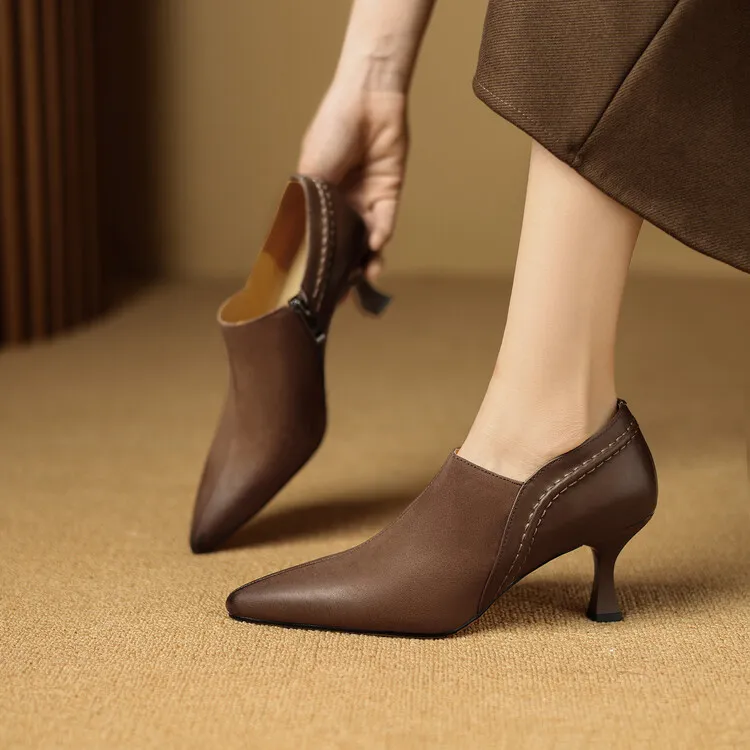 2026新款法式磨砂深口高跟鞋细跟黑色尖头舒适百搭单鞋女士小裸靴