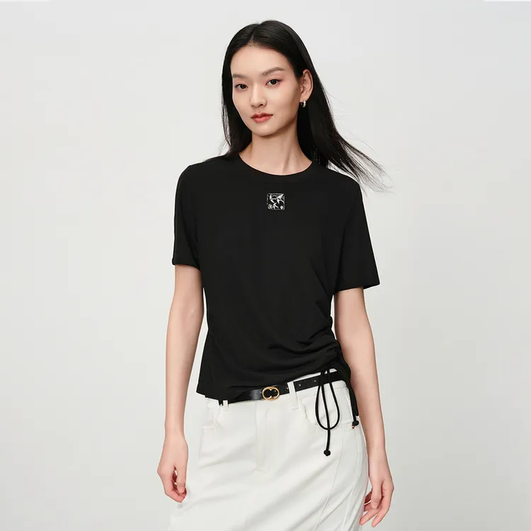 【瘦瘦衫】EP雅莹 圆领抽绳运动感弹力修身T恤上衣 25春夏新款5346A