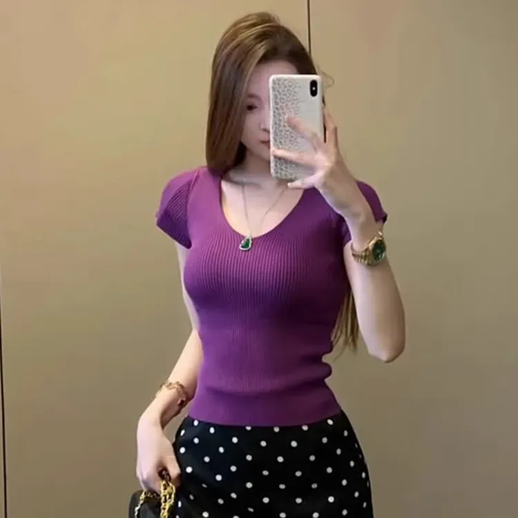 法式紫色V领针织冰丝短袖正肩t恤女夏季小个子修身显瘦百搭上衣