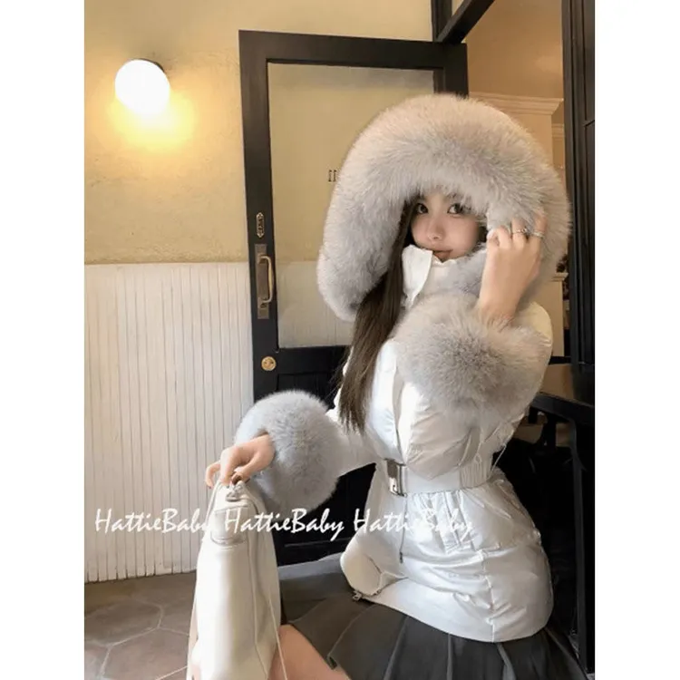 实拍大货韩女2024冬季新款加厚可拆卸防狐狸毛领收腰显瘦服外套女