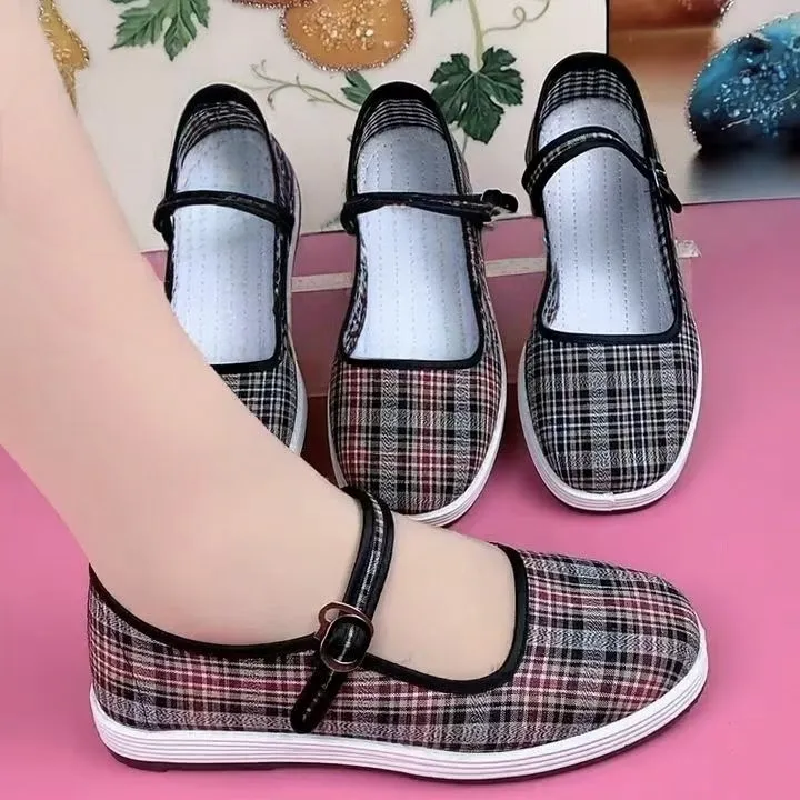 老北京布鞋春夏新款千层底格子鞋平底舒适透气中老年妈妈鞋软底鞋