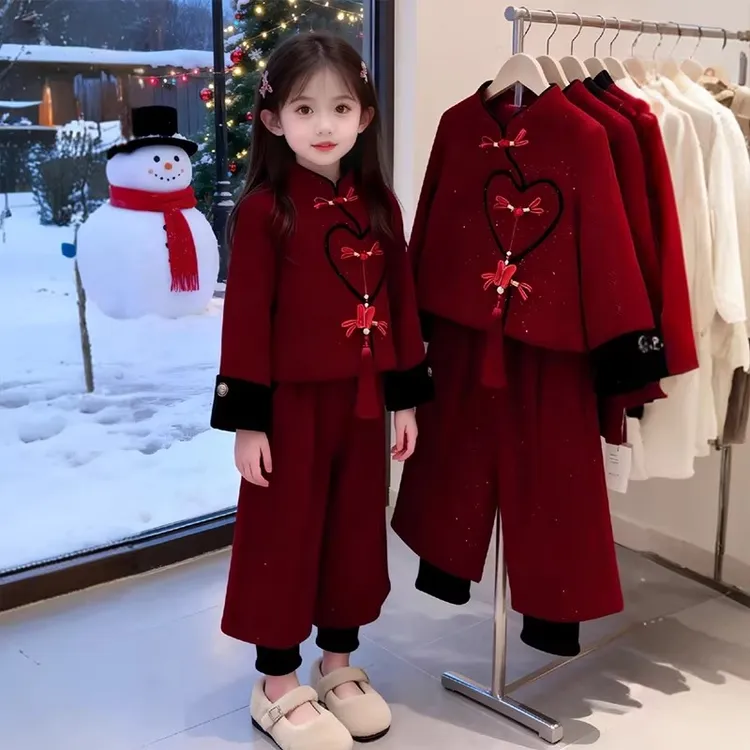 女童新年拜年服冬季2025新款儿童红色新中式套装女大童国风两件套