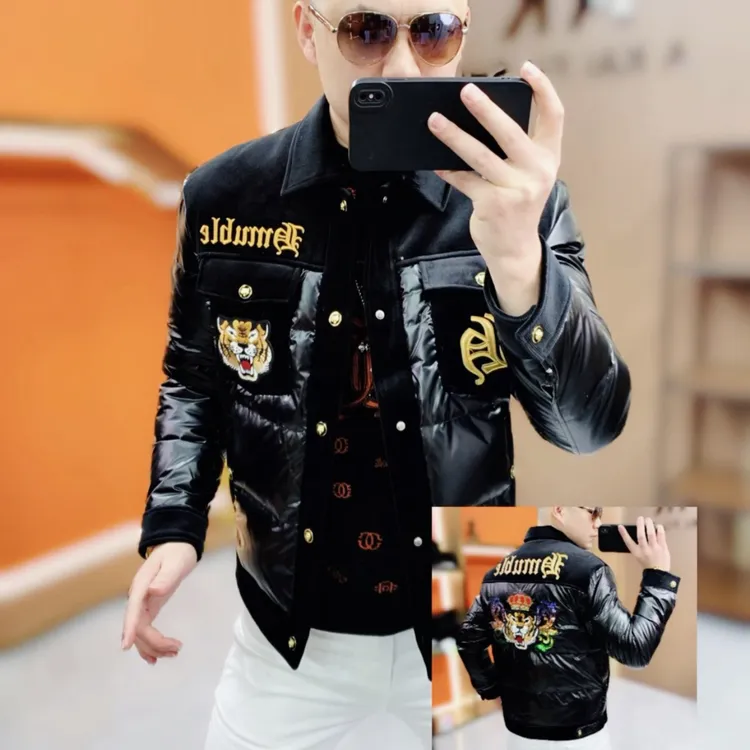 高品质-欧货冬季新款男士爆款翻领修身刺绣90白鸭绒羽绒服外套