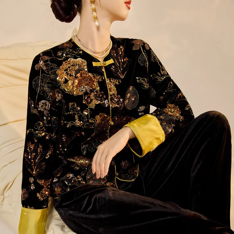 国风重工钉珠设计上衣新中式国潮丝绒珠片刺绣高端外套棉服女装 N