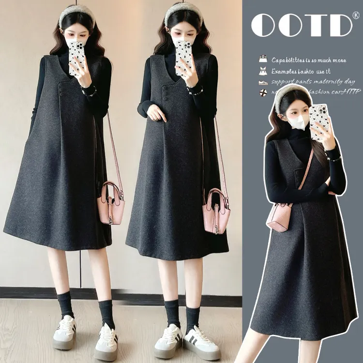【苏遇婉】2025秋冬季新款洋气孕妇装套装法式中长款毛呢大码连衣裙