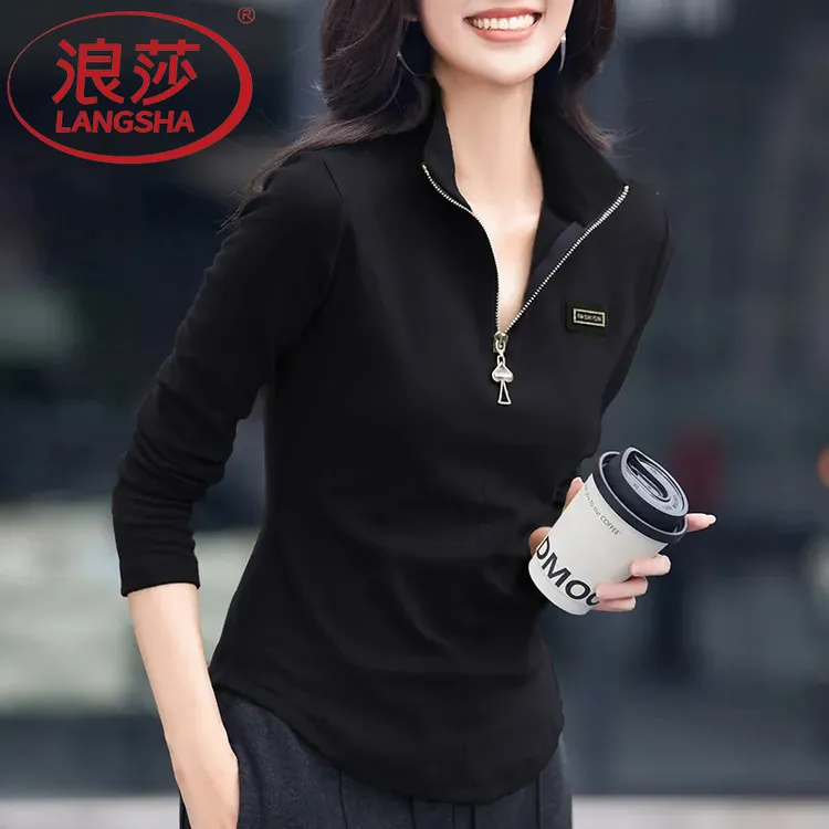 浪莎春秋洋气修身显瘦立领长袖打底2025新款潮流穿搭拉链设计T恤