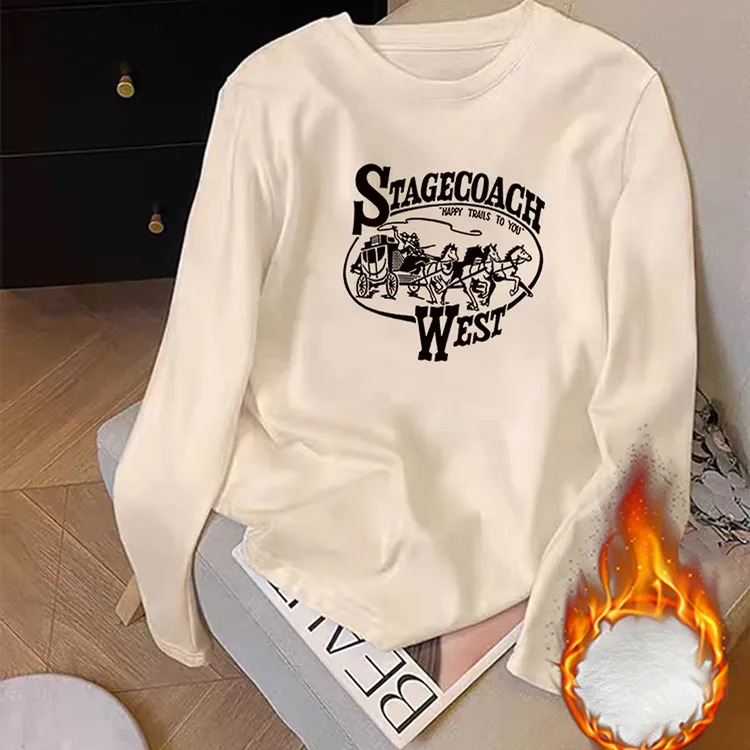 婳娇美式字母长袖打底T恤女秋冬款德绒加厚宽松圆领减龄百搭上衣