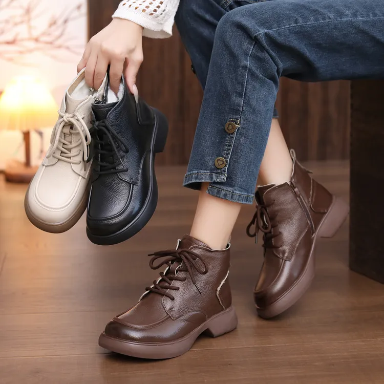 皮毛一体新款2025头层牛皮侧拉链冬季女靴软底秋冬圆头系带马丁靴