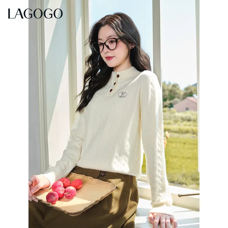 lagogo拉谷谷2025年新款miu系绞花半高领针织衫女OCMM419G85