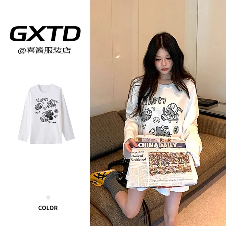 白色可爱甜美风Kitty猫印花圆领长袖T恤女秋季宽松慵懒风休闲上衣