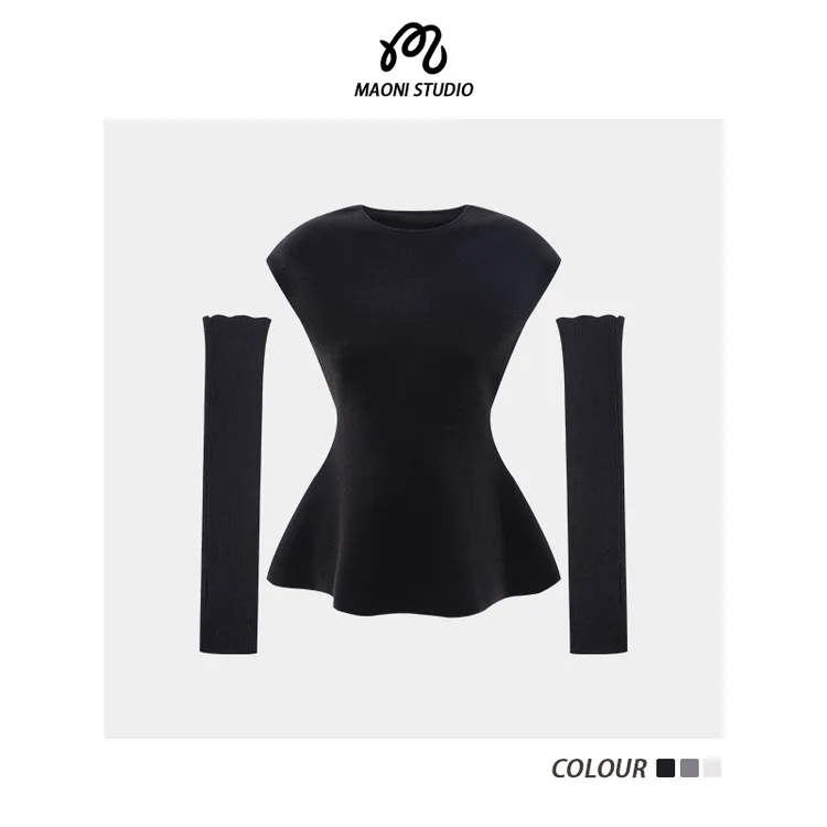 毛妮LADIESFIRST【弧边素色】配袖套 收腰显瘦针织内搭上衣L2496