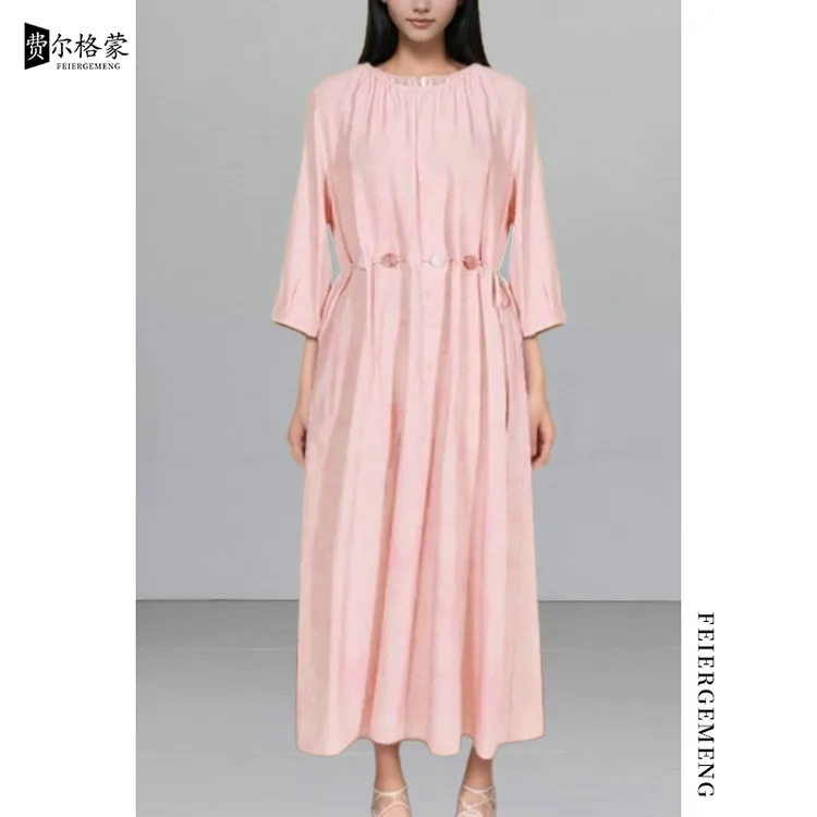 高档粉色绝美超好看春夏连衣裙2025新款气质系带大裙摆圆领裙子潮