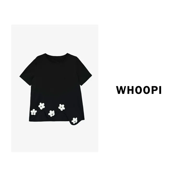 【Whoopi】【梦境夏朵】 设计感撞色不规则上衣立体花朵拼接短袖