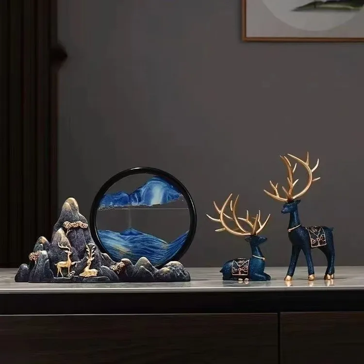 意境山水流沙画创意新中式轻奢鹿摆件电视柜客厅酒柜装饰品情人节