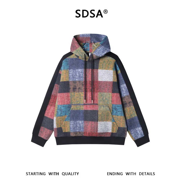 SDSA男士秋冬新款痞帅男装潮牌不规则色块撞色拼接连帽卫衣百搭