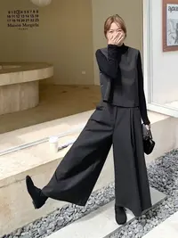 灰色西装马甲阔腿裤打底衫套装三件套女2025早春秋韩系复古高级感