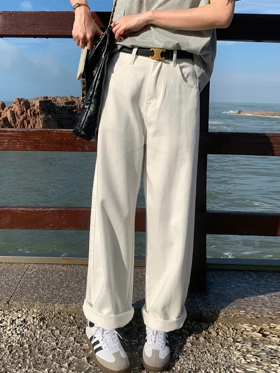 白色牛仔裤女春秋新款直筒阔腿裤高腰宽松显瘦小个子百搭拖地长裤