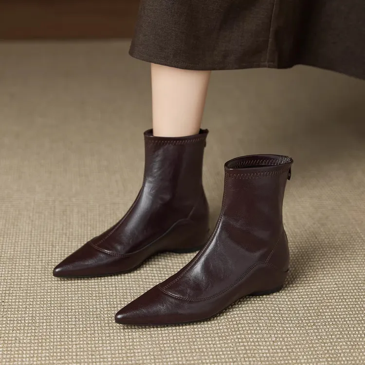 Moleubak复古法式尖头后拉链弹力靴女气质百搭瘦瘦靴内增高4cm