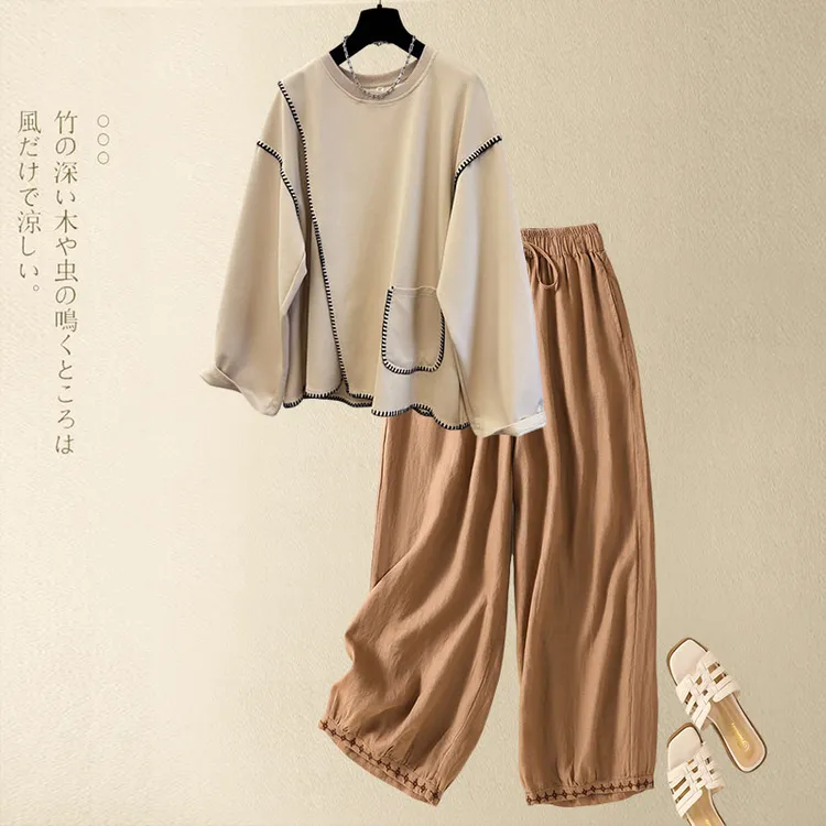 设计感别致独特重工圆领卫衣宽松上衣系带松紧腰宽松休闲裤子套装