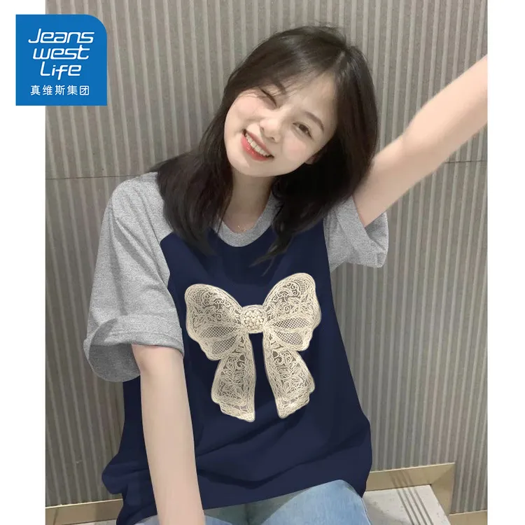 真维斯藏青插肩纯棉短袖T恤女夏季2025新款独特漂亮宽松显瘦上衣