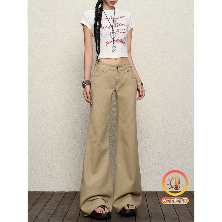 美式复古卡其色牛仔裤女冬季加绒加厚低腰辣妹拖地不贴腿微喇长裤