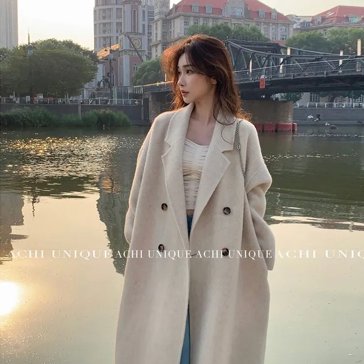 美拉德中长款毛呢外套女小个子名媛慵懒赫本秋冬加绒加厚呢子大衣