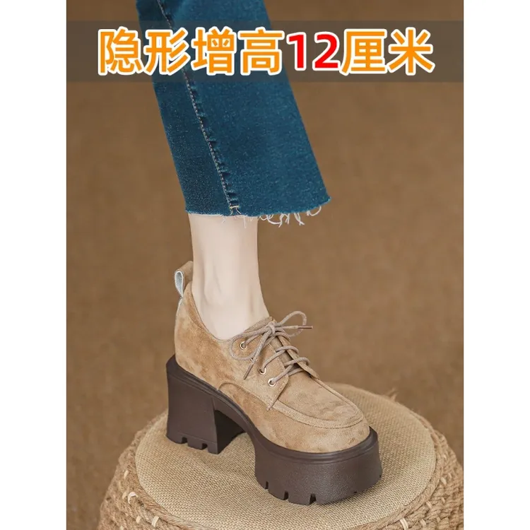 英伦风小皮鞋女2025秋季新款复古学院风系带乐福鞋内增高粗跟单鞋