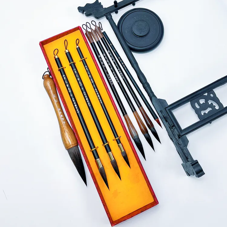 【黑尖紫毫】青松＋黑尖紫毫大中小＋蘭亭鼠须大中小＋红叶＋笔架＋砚台