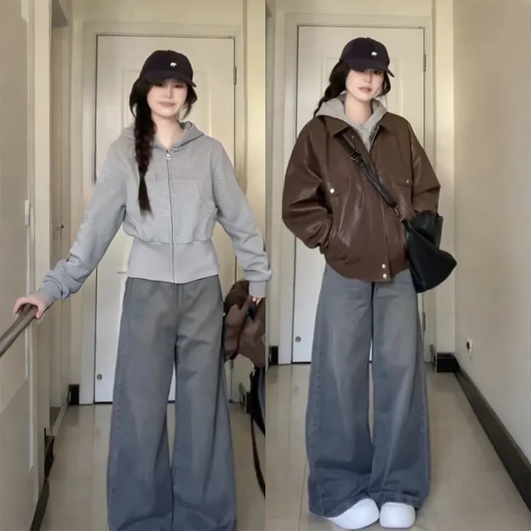 灰色短款正肩卫衣外套女春秋季修身收腰连帽上衣韩系穿搭拉链开衫